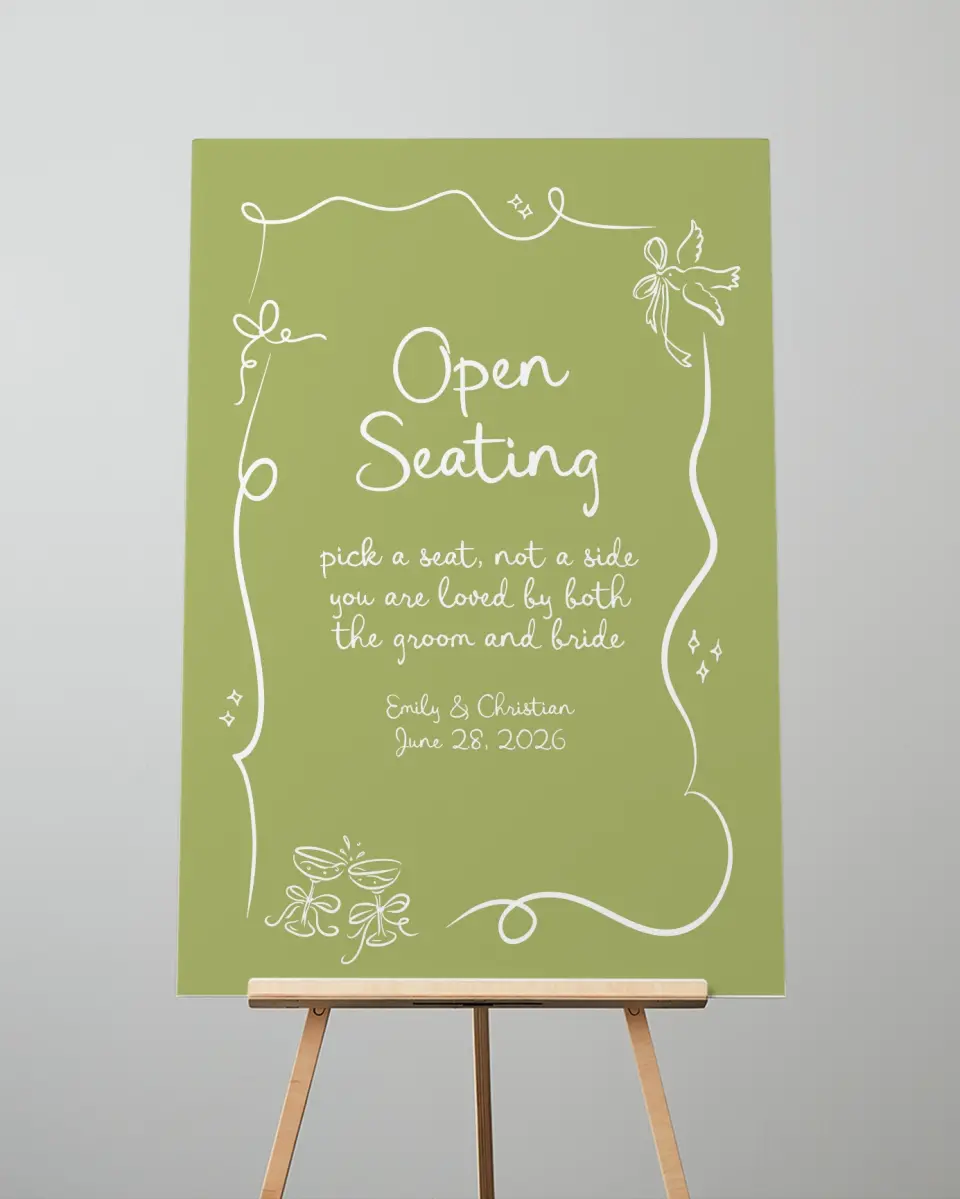 This is a 24" x 36" Pick a Seat Sign called Wedding Whimsy printed in full color