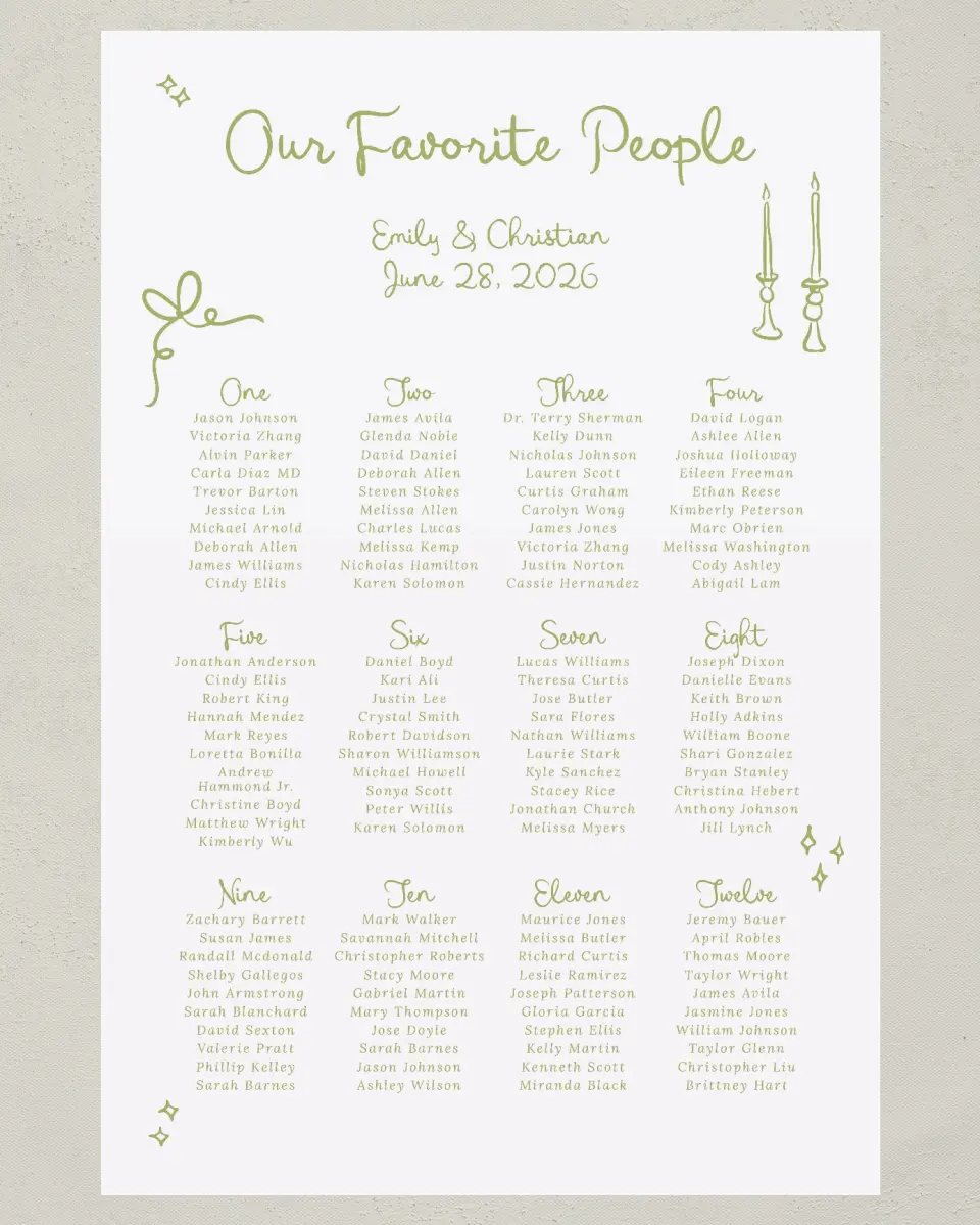This is a 24" x 36" Seating Chart Sign called Wedding Whimsy printed in full color