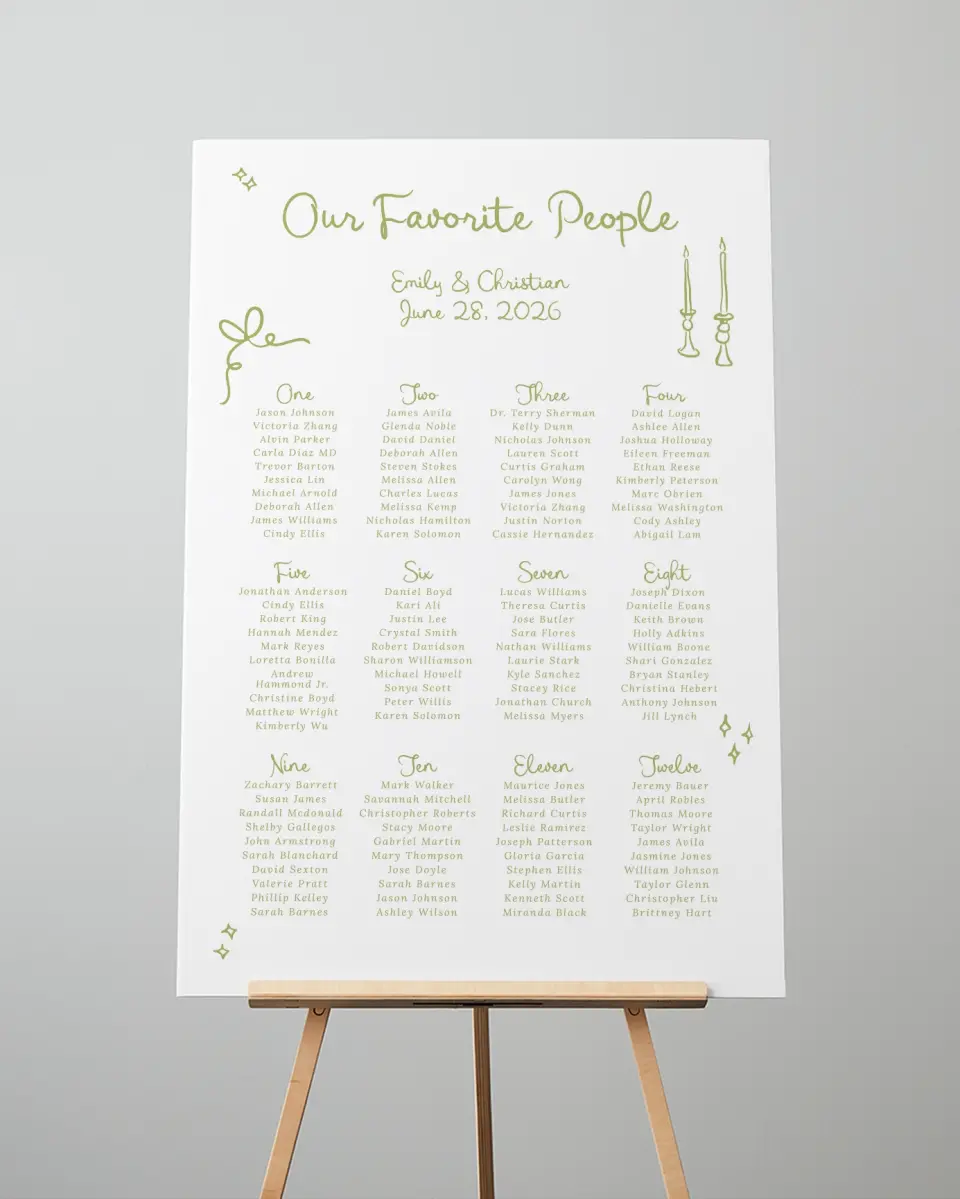 This is a 24" x 36" Seating Chart Sign called Wedding Whimsy printed in full color