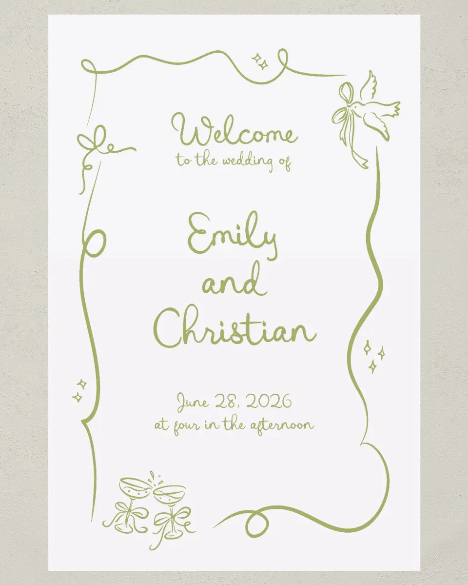 This is a 24" x 36" Welcome Sign called Wedding Whimsy printed in full color