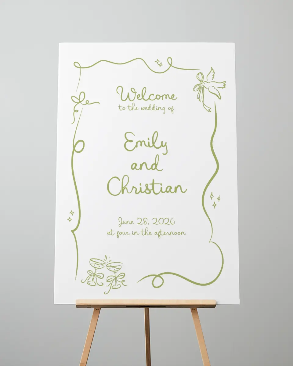 This is a 24" x 36" Welcome Sign called Wedding Whimsy printed in full color
