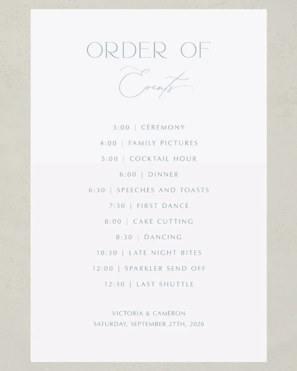 This is a 24" x 36" Schedule Sign called The Victoria printed in full color