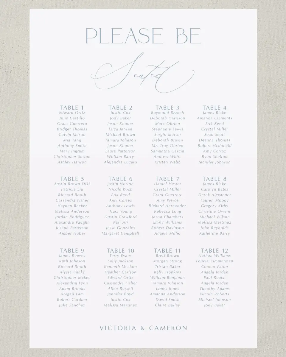 This is a 24" x 36" Seating Chart Sign called The Victoria printed in full color
