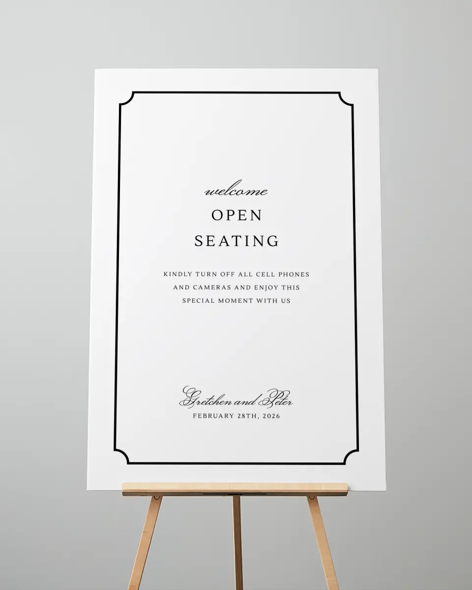 This is a 24" x 36" Pick a Seat Sign called Elegant Tradition printed in full color