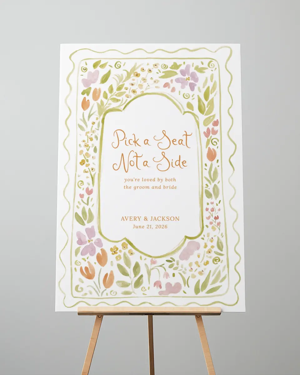 This is a 24" x 36" Pick a Seat Sign called Floral Whimsy printed in full color
