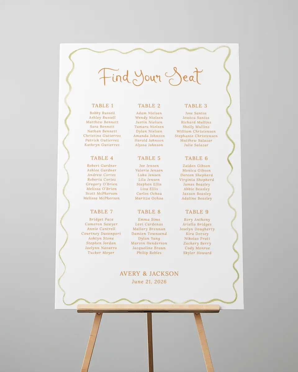 This is a 24" x 36" Seating Chart Sign called Floral Whimsy printed in full color