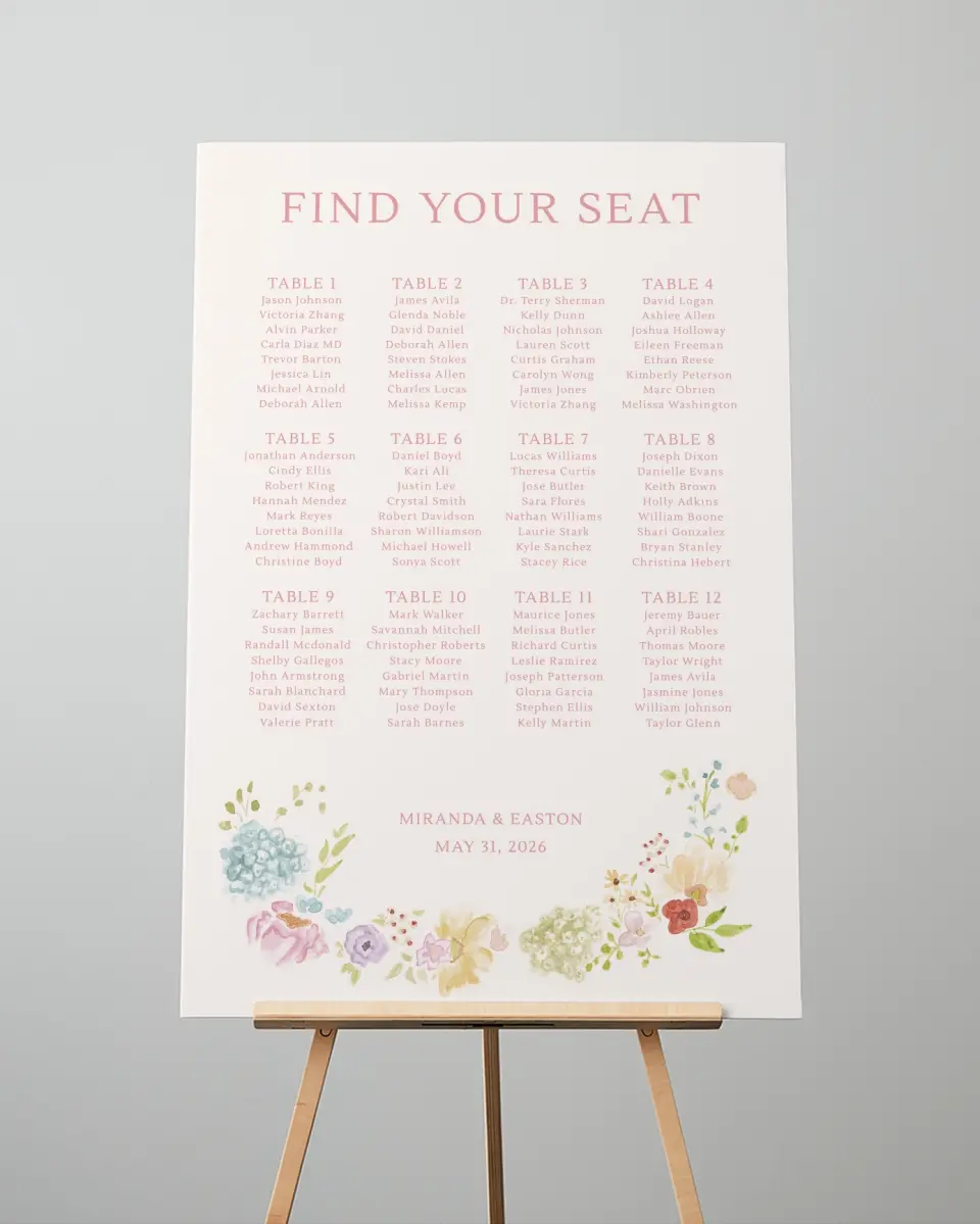 This is a 24" x 36" Seating Chart Sign called Dainty Garden printed in full color