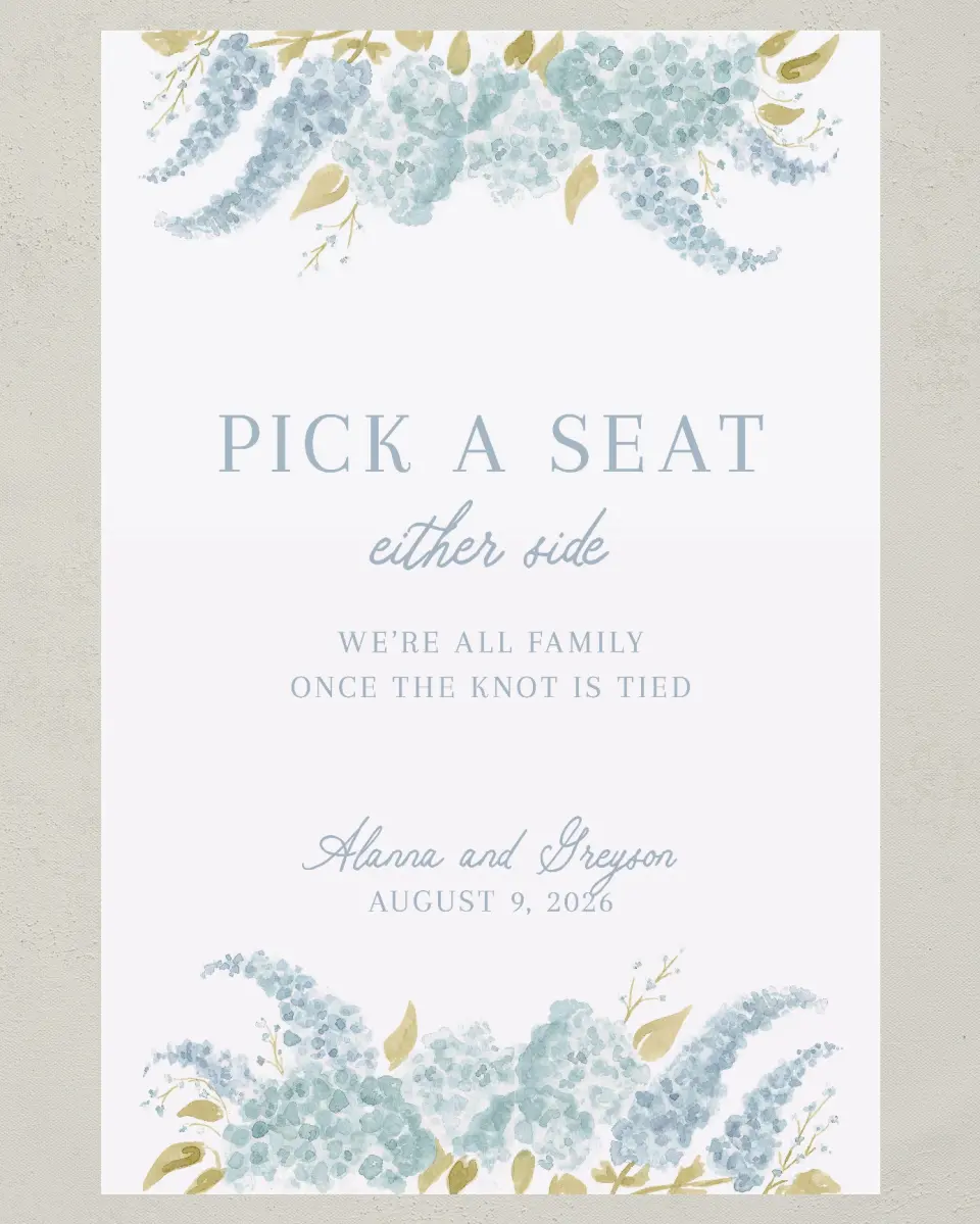 This is a 24" x 36" Pick a Seat Sign called Dashing Delphinium printed in full color