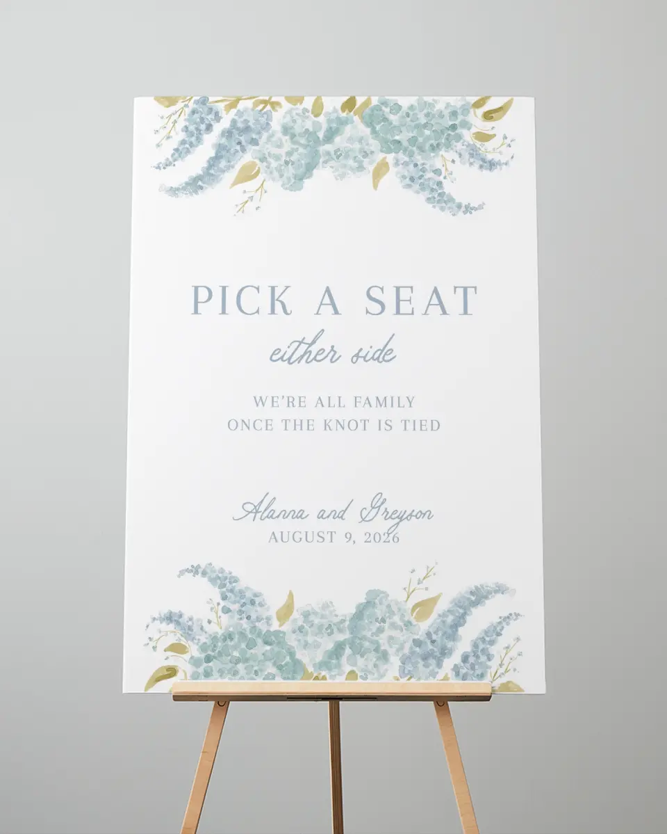 This is a 24" x 36" Pick a Seat Sign called Dashing Delphinium printed in full color