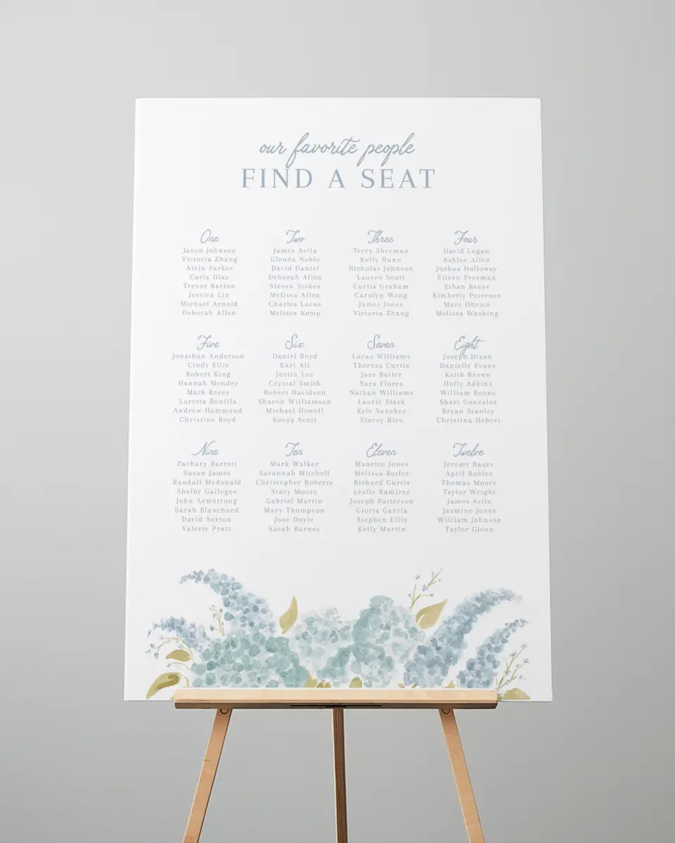 This is a 24" x 36" Seating Chart Sign called Dashing Delphinium printed in full color