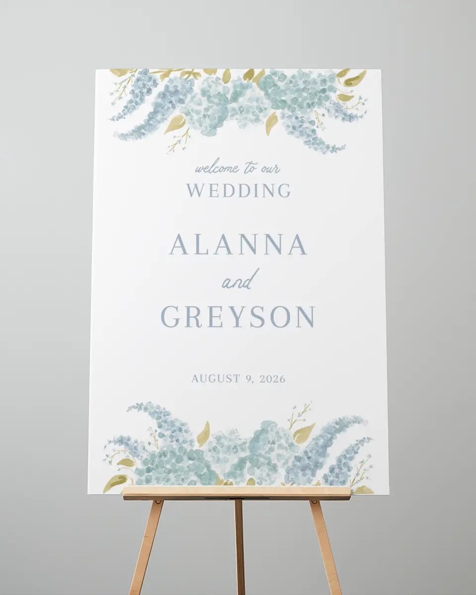 This is a 24" x 36" Welcome Sign called Dashing Delphinium printed in full color