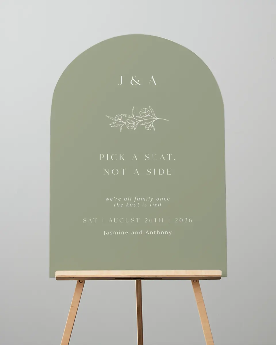 This is a 24" x 36" Arch Pick a Seat Sign called The Jasmine printed in full color