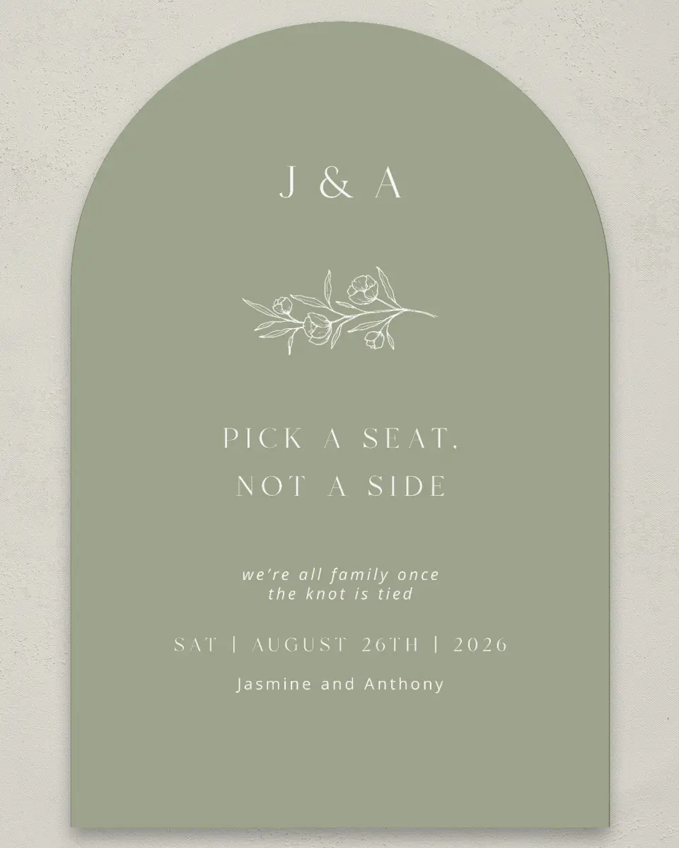 This is a 24" x 36" Arch Pick a Seat Sign called The Jasmine printed in full color