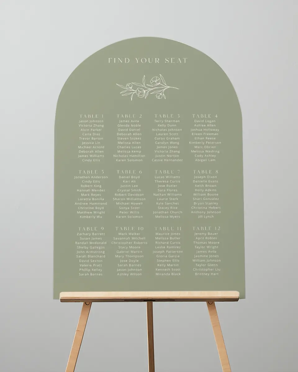 This is a 24" x 36" Arch Seating Chart Sign called The Jasmine printed in full color