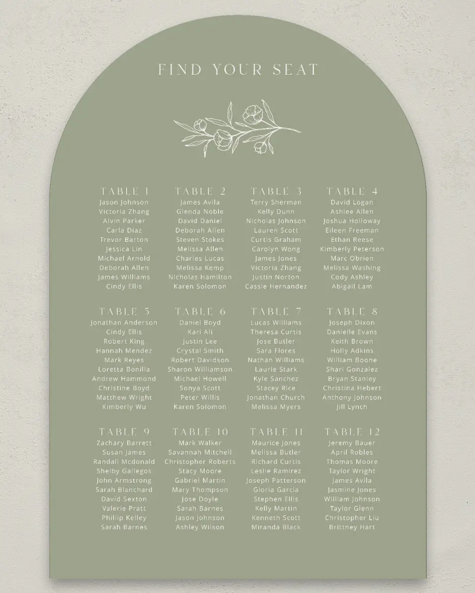 This is a 24" x 36" Arch Seating Chart Sign called The Jasmine printed in full color