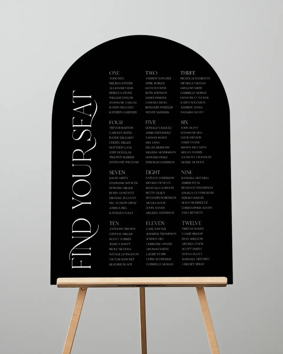 This is a 24" x 36" Arch Seating Chart Sign called The Lucy printed in full color