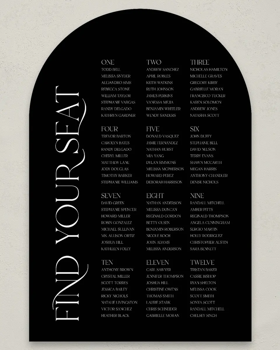 This is a 24" x 36" Arch Seating Chart Sign called The Lucy printed in full color