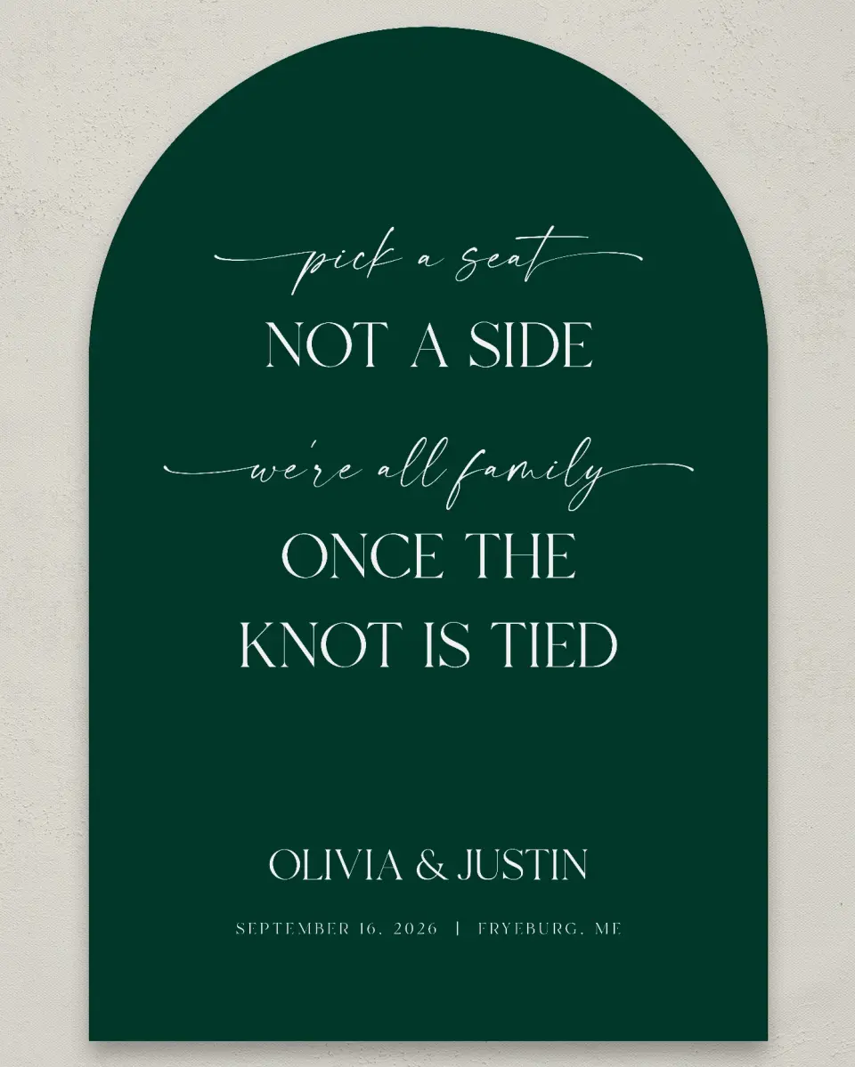 This is a 24" x 36" Arch Pick a Seat Sign called The Olivia printed in full color