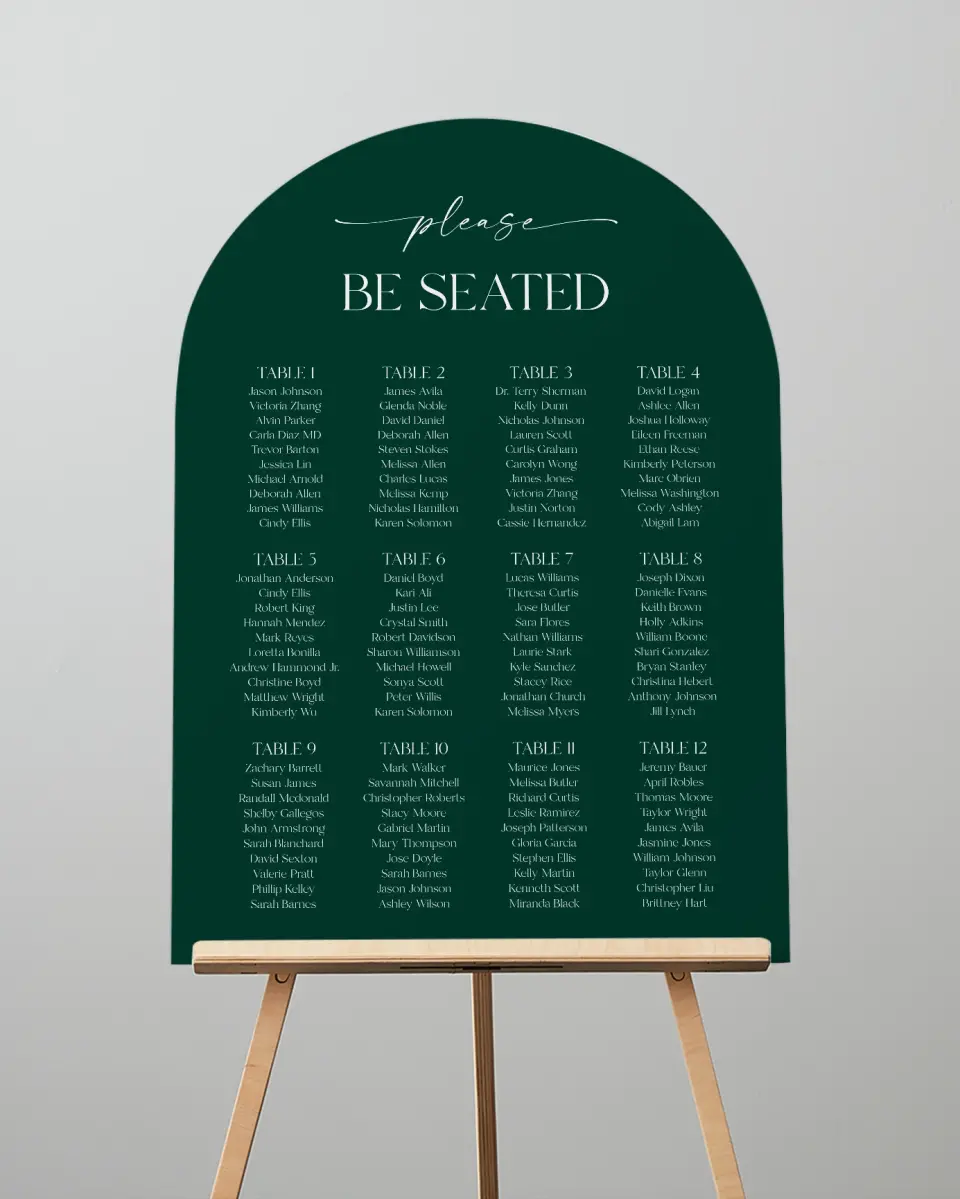 This is a 24" x 36" Arch Seating Chart Sign called The Olivia printed in full color