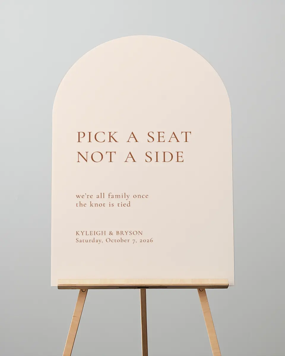 This is a 24" x 36" Arch Pick a Seat Sign called The Kyleigh printed in full color