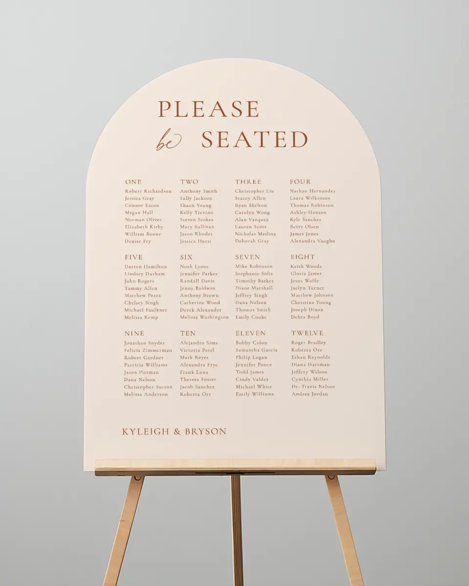 This is a 24" x 36" Arch Seating Chart Sign called The Kyleigh printed in full color