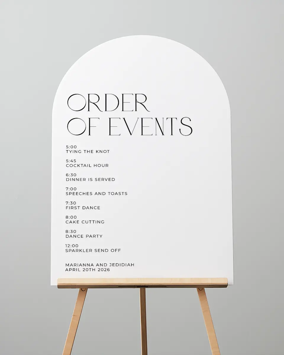 This is a 24" x 36" Arch Schedule Sign called Blissful Vows printed in full color