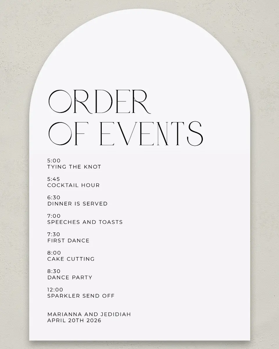 This is a 24" x 36" Arch Schedule Sign called Blissful Vows printed in full color