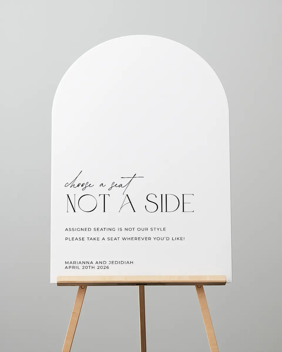 This is a 24" x 36" Arch Pick a Seat Sign called Blissful Vows printed in full color