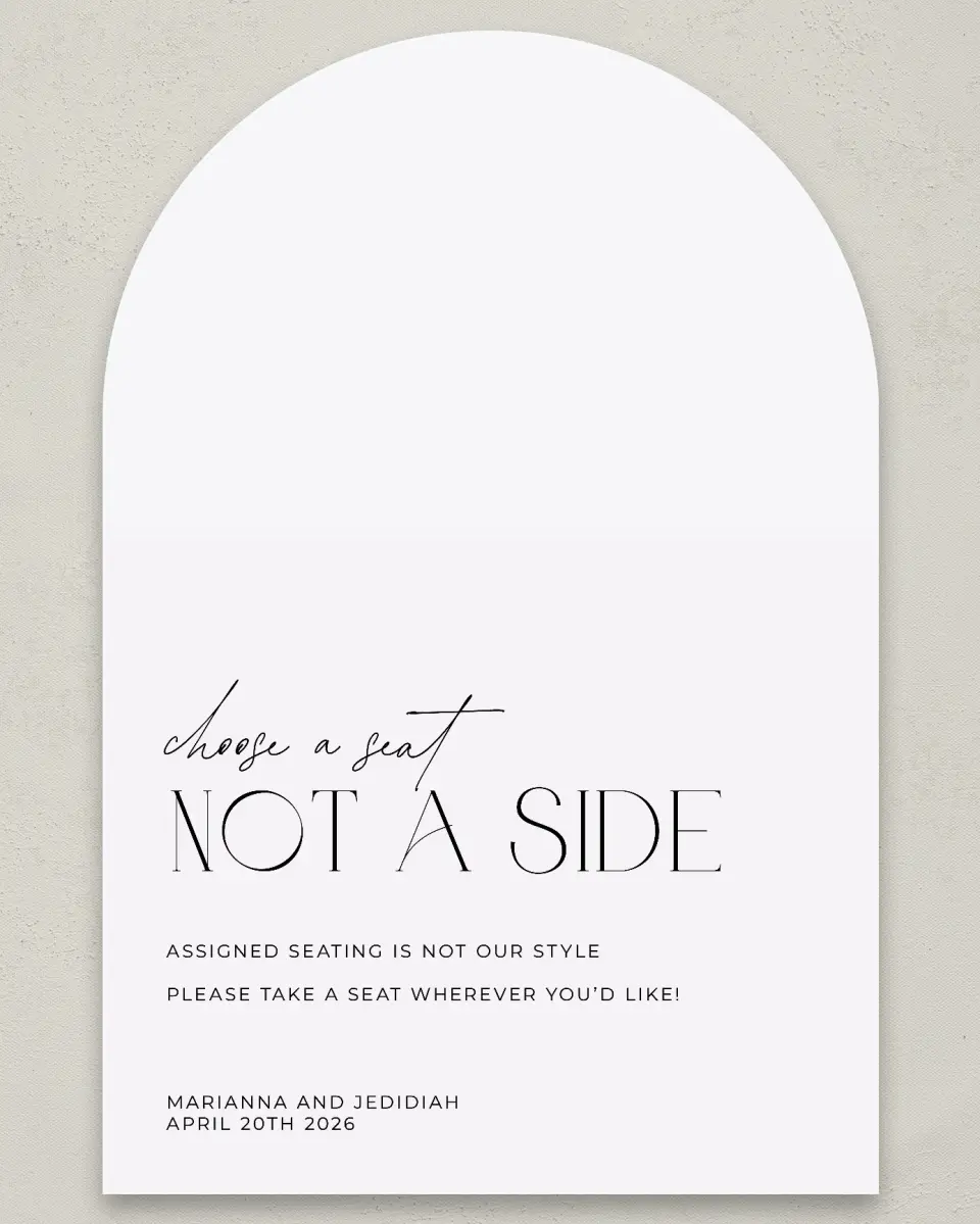 This is a 24" x 36" Arch Pick a Seat Sign called Blissful Vows printed in full color