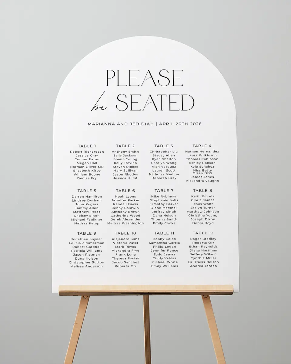 This is a 24" x 36" Arch Seating Chart Sign called Blissful Vows printed in full color