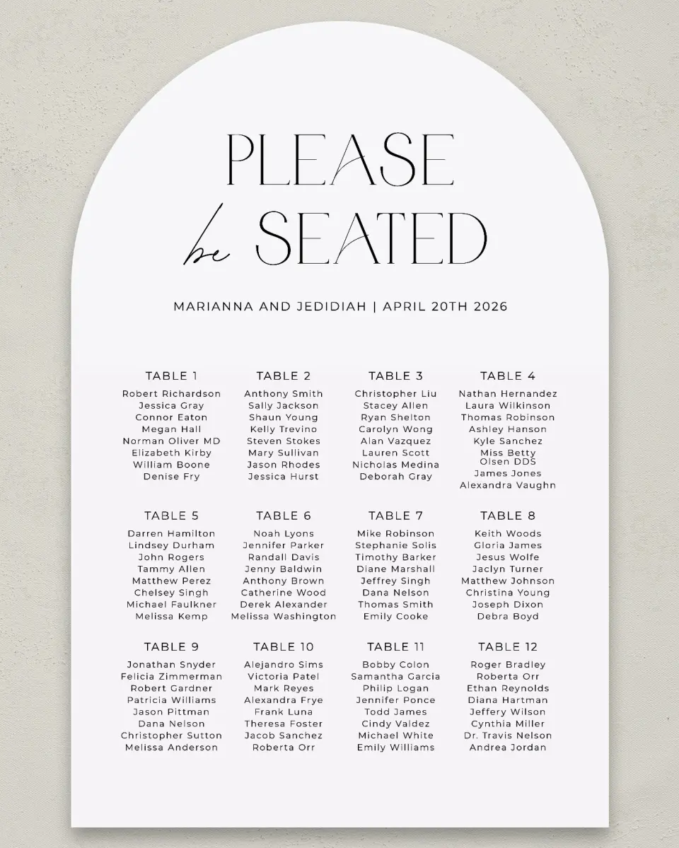 This is a 24" x 36" Arch Seating Chart Sign called Blissful Vows printed in full color