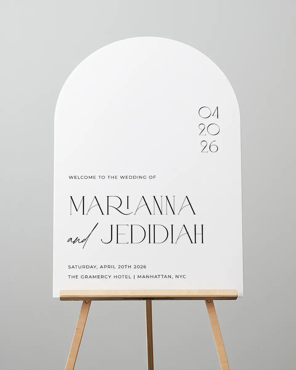 This is a 24" x 36" Arch Welcome Sign called Blissful Vows printed in full color