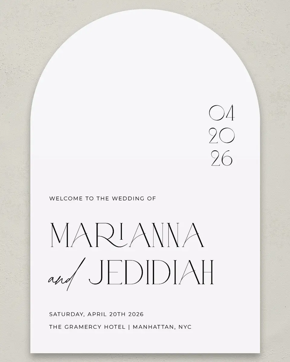This is a 24" x 36" Arch Welcome Sign called Blissful Vows printed in full color