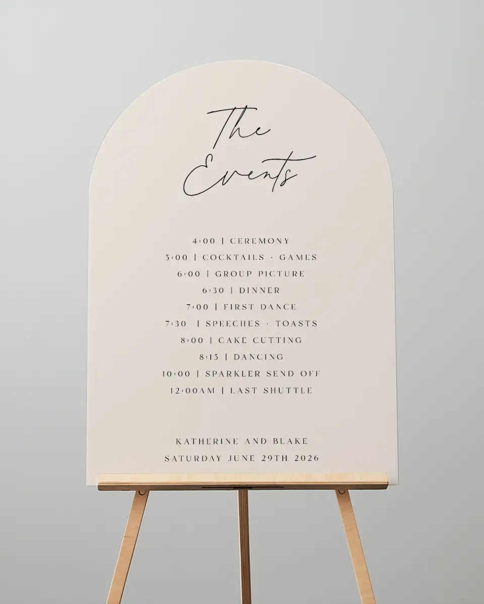 This is a 24" x 36" Arch Schedule Sign called Simple Elegance printed in full color