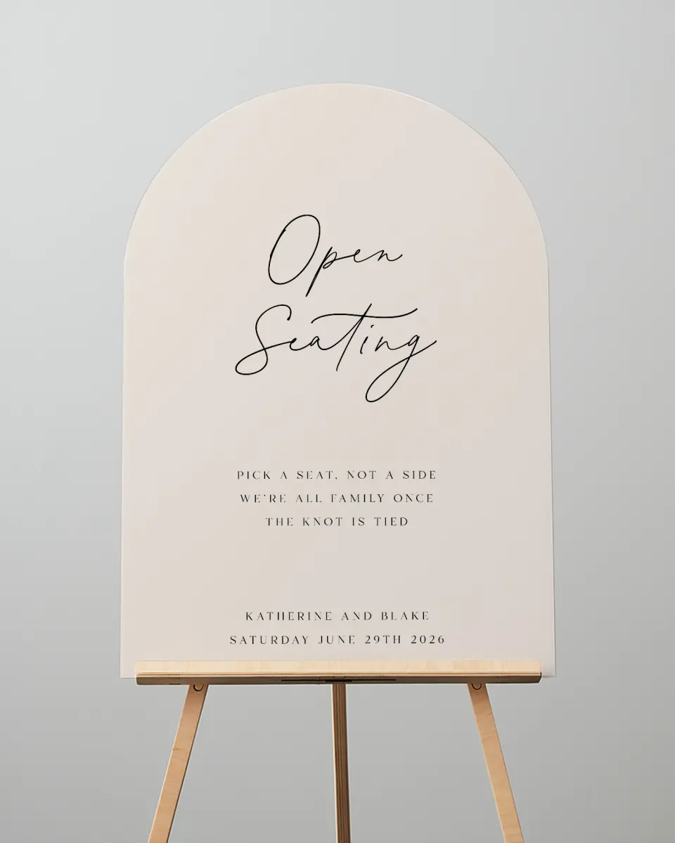 This is a 24" x 36" Arch Pick a Seat Sign called Simple Elegance printed in full color
