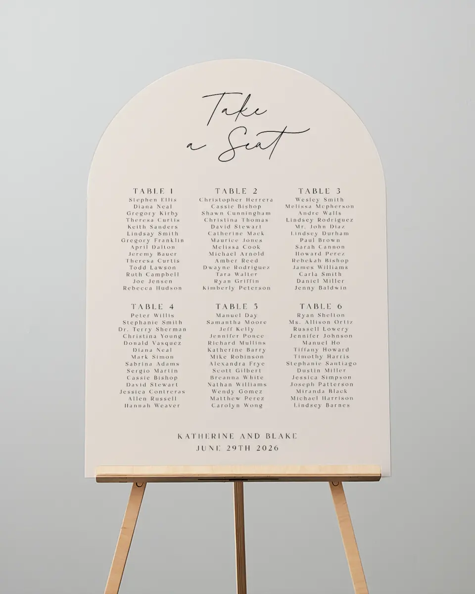 This is a 24" x 36" Arch Seating Chart Sign called Simple Elegance printed in full color