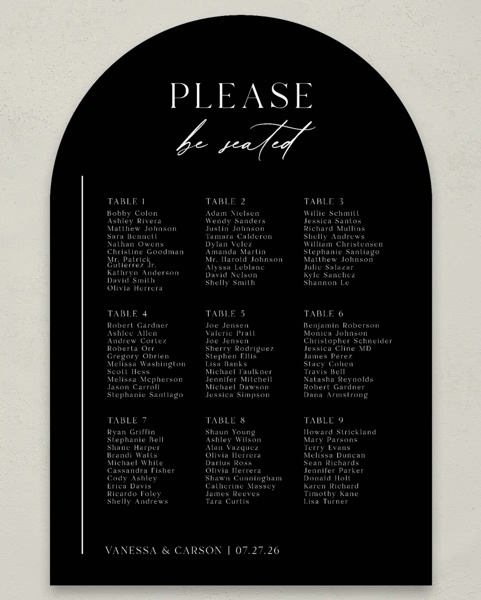 This is a 24" x 36" Arch Seating Chart Sign called Endless Love printed in full color