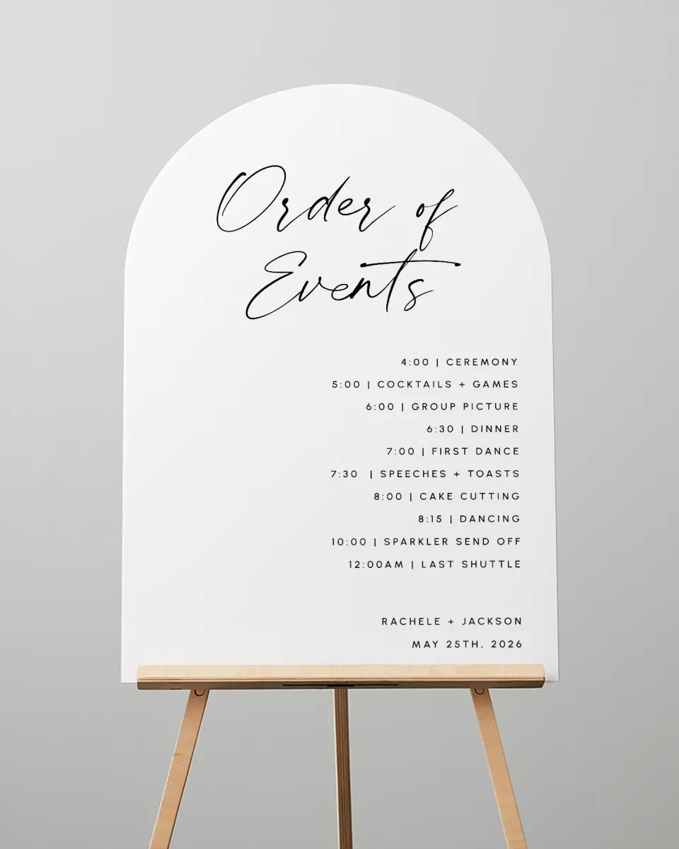 This is a 24" x 36" Arch Schedule Sign called Modern Simplicity printed in full color