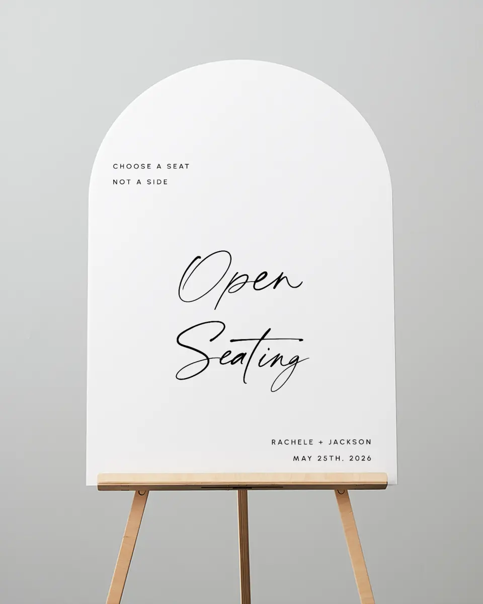 This is a 24" x 36" Arch Pick a Seat Sign called Modern Simplicity printed in full color