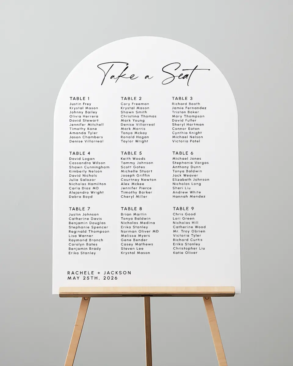 This is a 24" x 36" Arch Seating Chart Sign called Modern Simplicity printed in full color