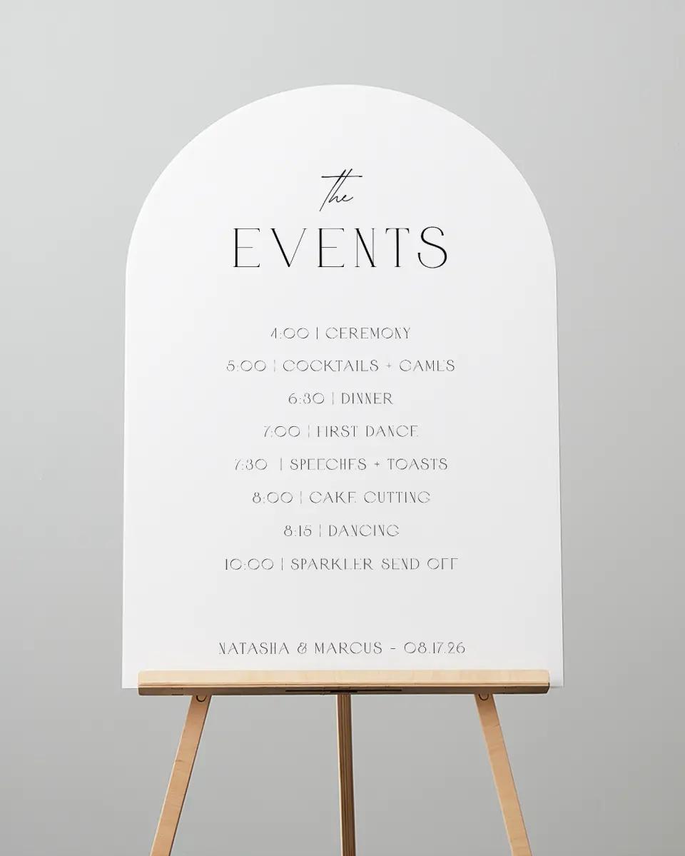 This is a 24" x 36" Arch Schedule Sign called Understated Elegance printed in full color