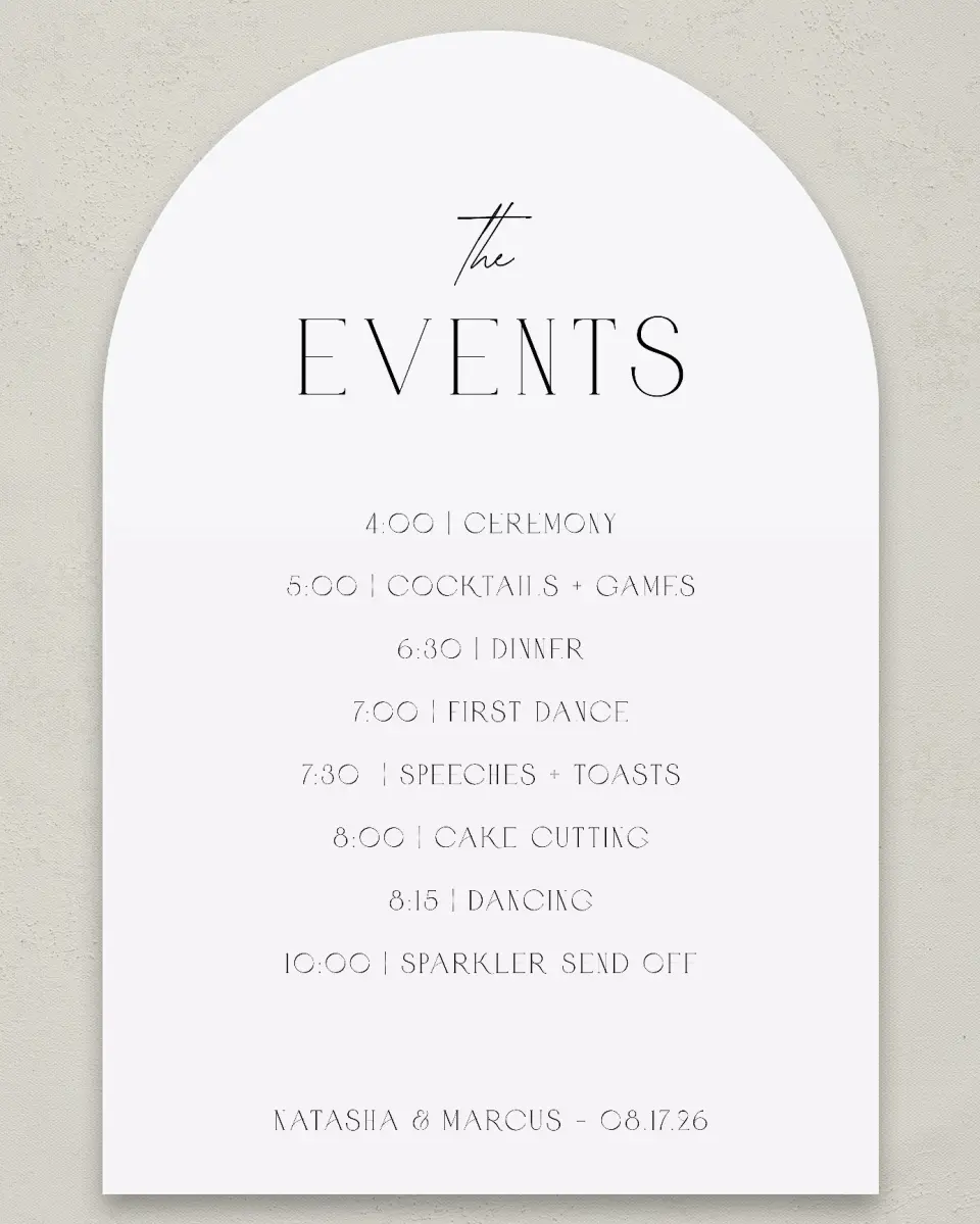 This is a 24" x 36" Arch Schedule Sign called Understated Elegance printed in full color