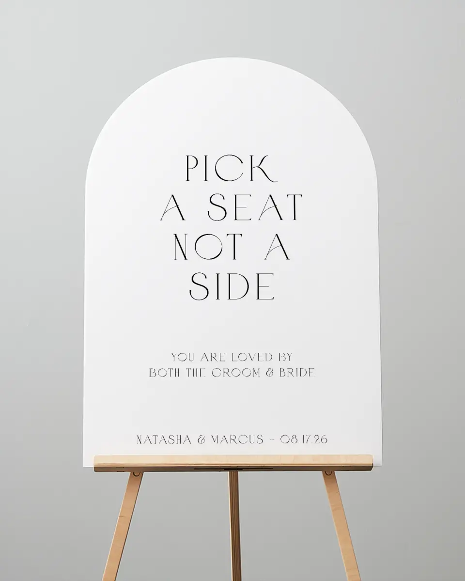 This is a 24" x 36" Arch Pick a Seat Sign called Understated Elegance printed in full color