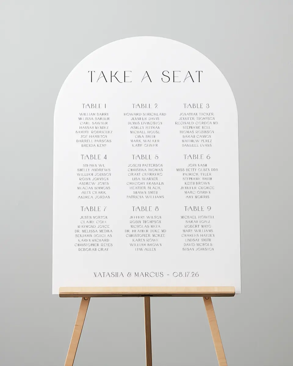 This is a 24" x 36" Arch Seating Chart Sign called Understated Elegance printed in full color