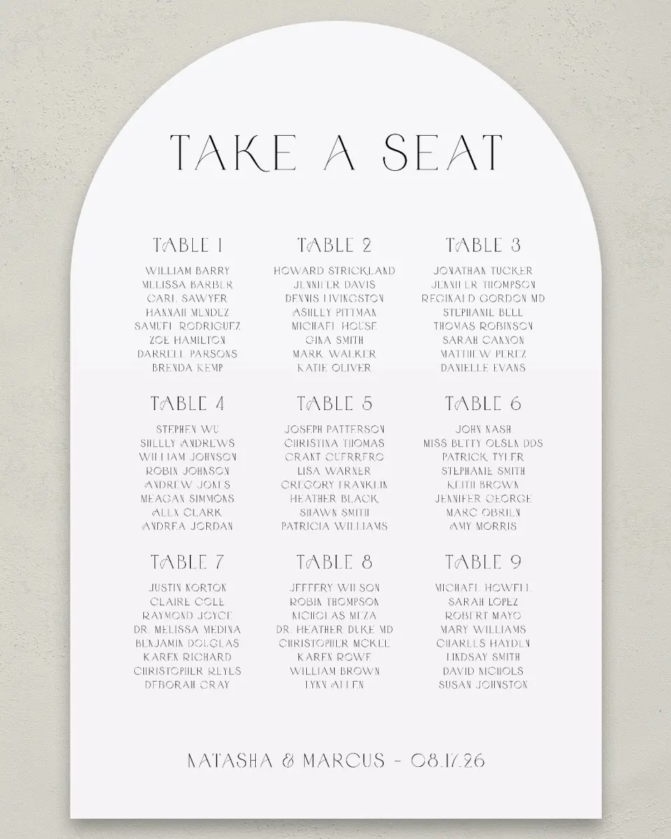 This is a 24" x 36" Arch Seating Chart Sign called Understated Elegance printed in full color