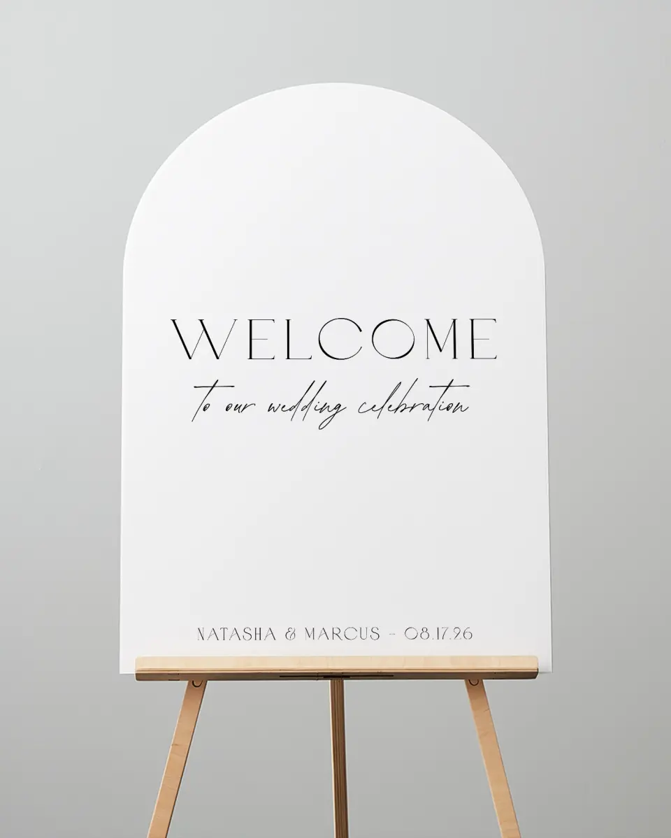 This is a 24" x 36" Arch Welcome Sign called Understated Elegance printed in full color