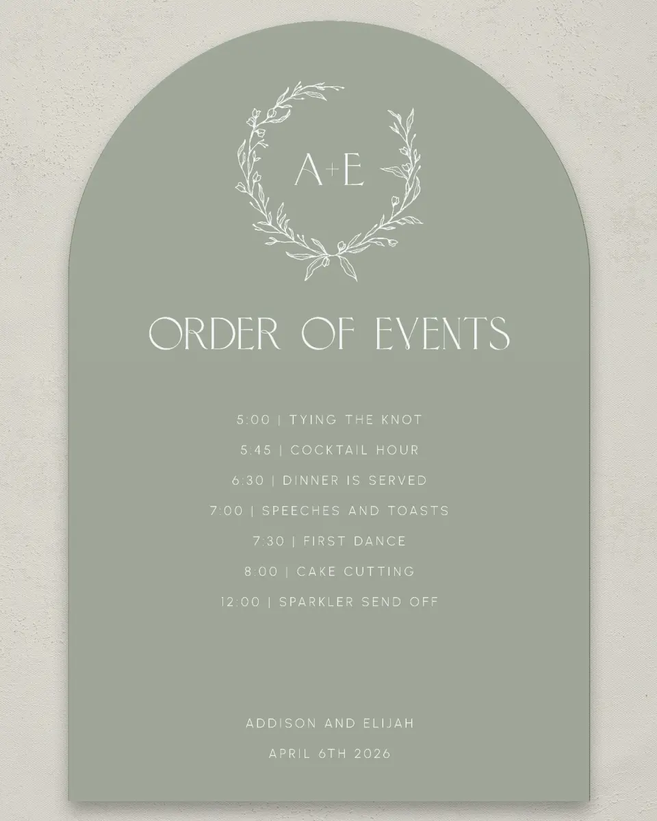 This is a 24" x 36" Arch Schedule Sign called Modern Monogram printed in full color
