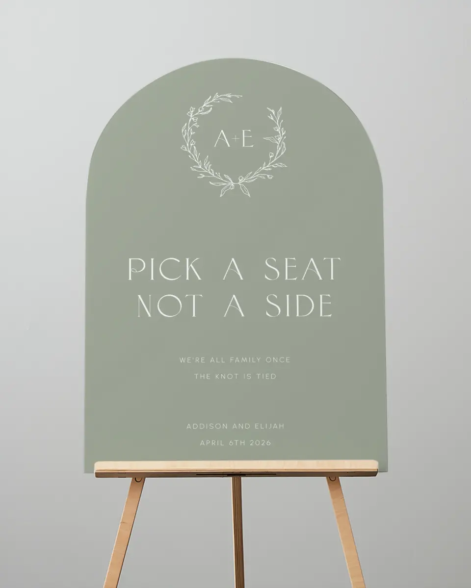 This is a 24" x 36" Arch Pick a Seat Sign called Modern Monogram printed in full color