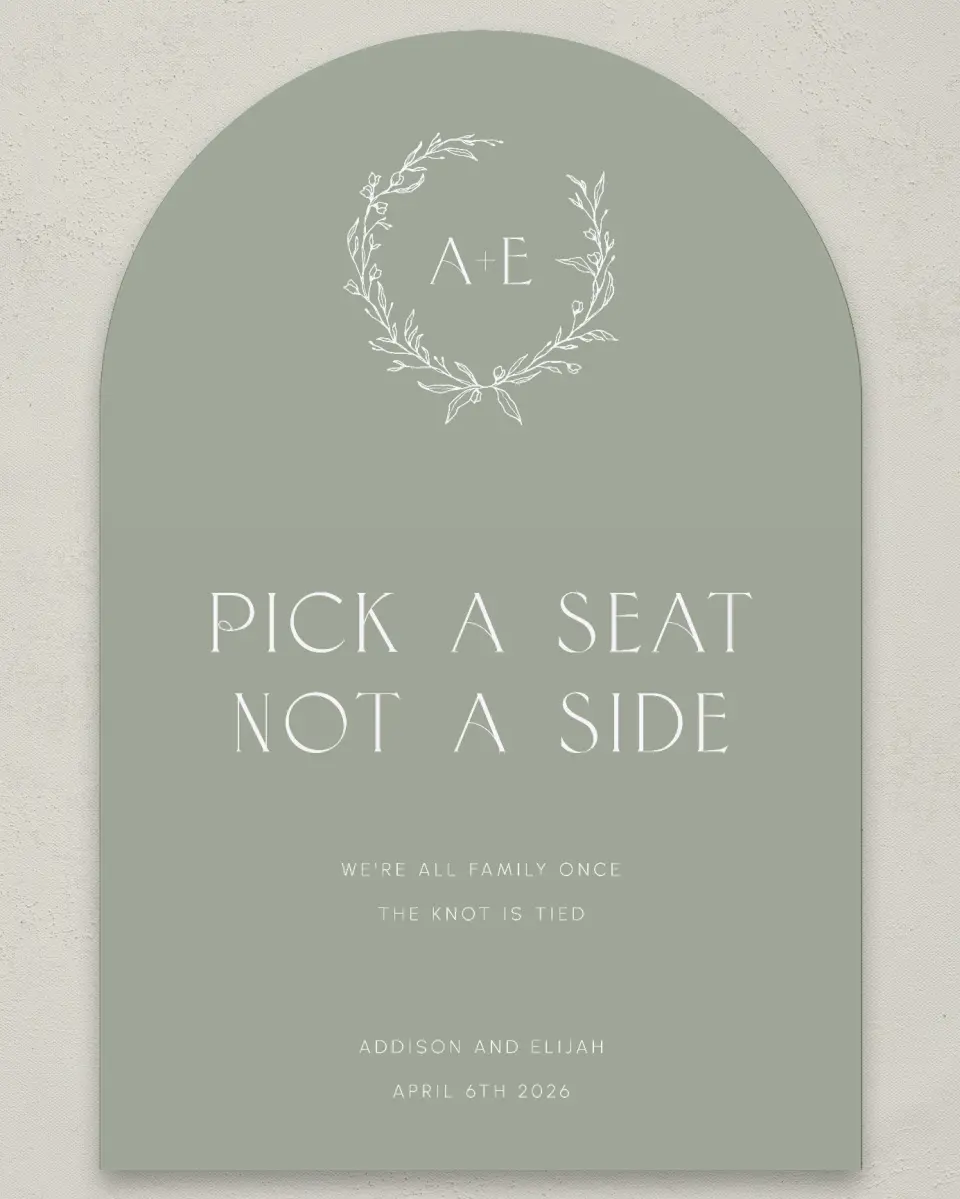 This is a 24" x 36" Arch Pick a Seat Sign called Modern Monogram printed in full color
