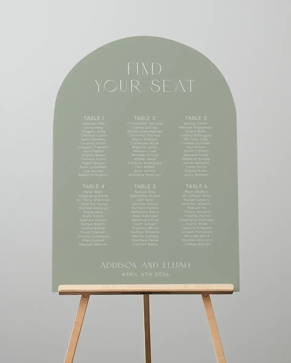 This is a 24" x 36" Arch Seating Chart Sign called Modern Monogram printed in full color